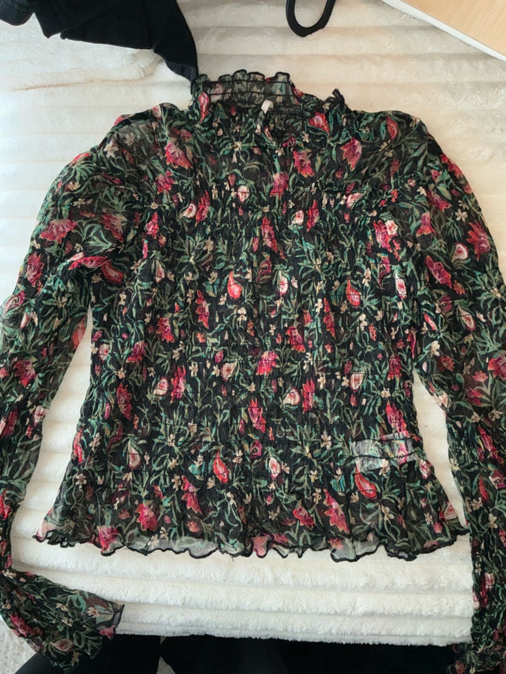 Free People Sheer Floral Mesh Smocked Crop Top Black Long Sleeve M